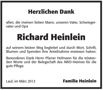 Traueranzeige von Richard Heinlein von Pegnitz-Zeitung